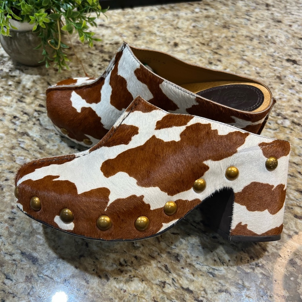 Tory Burch Blythe Haircalf Studded Animal Print Pump In Brown Mules Clogs 7M